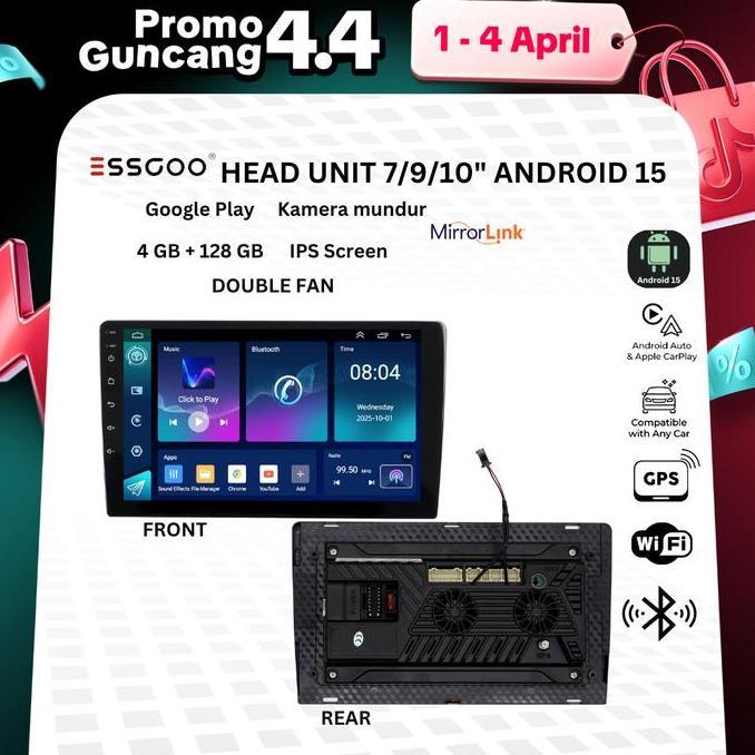 Essgoo Head Unit Android 15 Mobil 4G+128G 7/9/10 Inch Double Cooling Fan Kontrol Suhu Cerdas Ips Lay