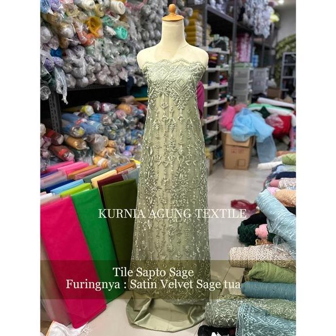 Brukat Tile Sapto Premium Motif Etnik Sumba Meteran Warna Sage Green Bahan kebaya Gaun Dress Mewah T