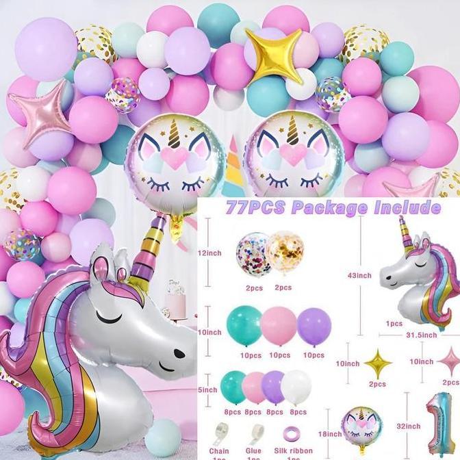Set Balon Pelangi Unicorn Dekorasi Ulang Tahun Anak Perempuan Baby Shower Merah Muda Ungu Pesta Late