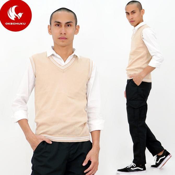 NEW OKECHUKU ROMPI RAJUT PRIA VEST RAJUT PRIA KREM LIST PUTIH VEST PRIA ORI