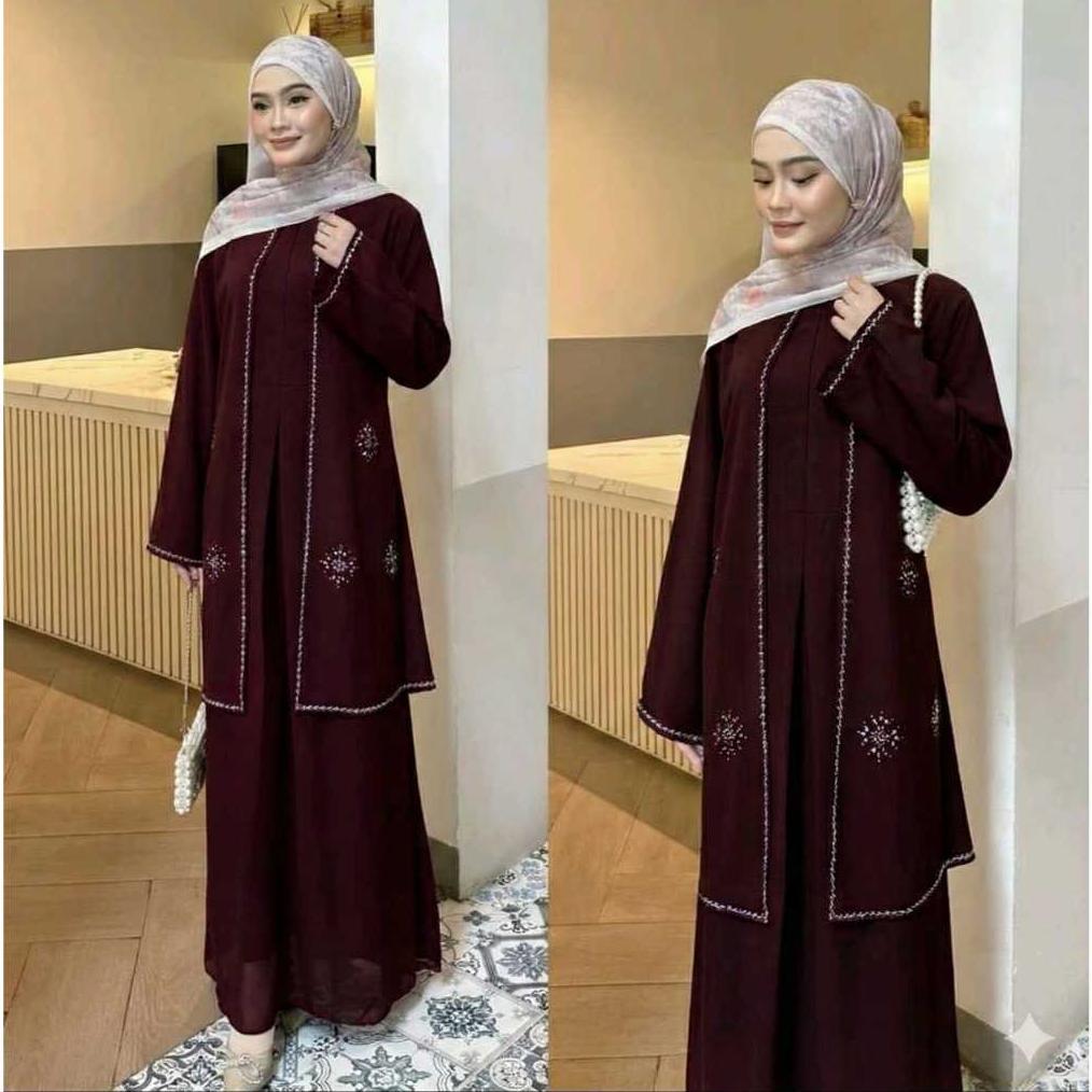 TERMURAH Safiya Abaya Dress Tanpa Hijab Ceruty Motif Swarovski Hitam Coklat Mahogany Remaja Dewasa A
