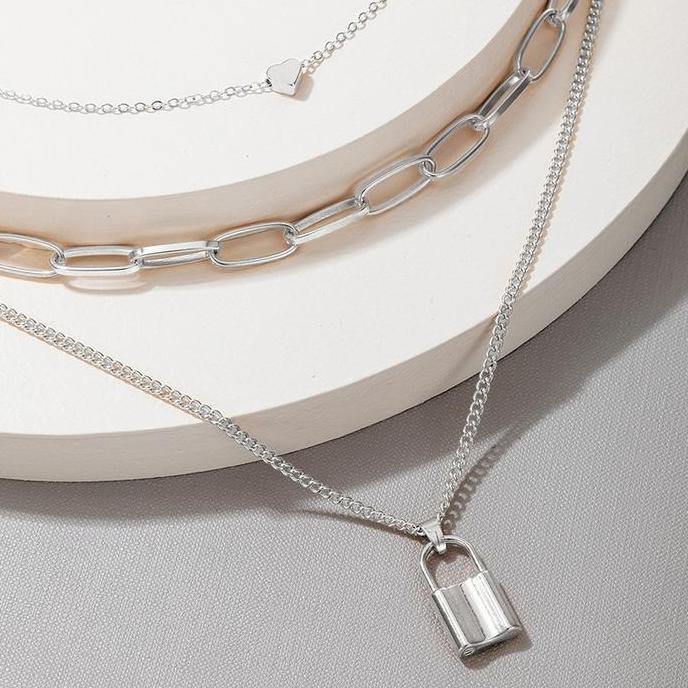 Youboy- Gembok 3 Layer Necklace Kalung Rantai Wanita Pria Emas Perak Simple Aesthetic Aksen Kunci Lo
