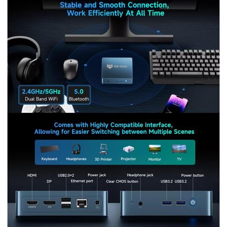 MiniPC Office BMAX MaxMini B2 Power Intel 5205 SSD WiFi Windows 11 Pro