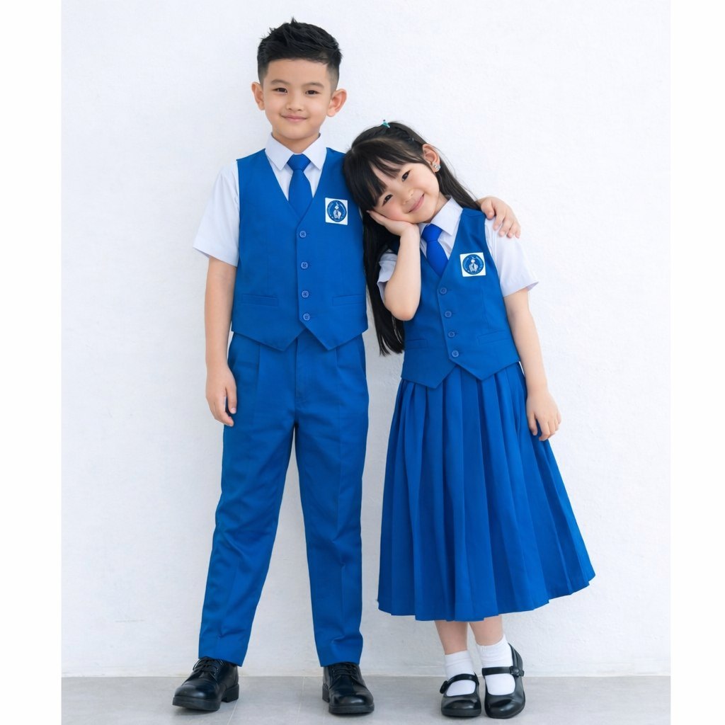 Seragam TK Biru Putih Seragam TK Nasional Biru Panjang Muslim Baju Paud Dengan Rompi Biru