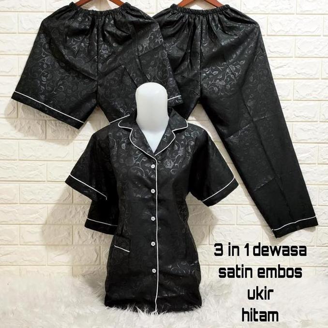 Setelan Piyama 3IN1 Baju Tidur wanita Dewasa,  Bahan Embos 16 Warna Ukuran M / L /XL / XXL