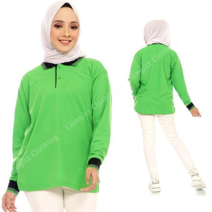 DB17 - Kaos Polo Panjang HIJAU FUJI KERAH HITAM / Baju Kaos Kerah Panjang Bordir Sablon Cowok Cewek 