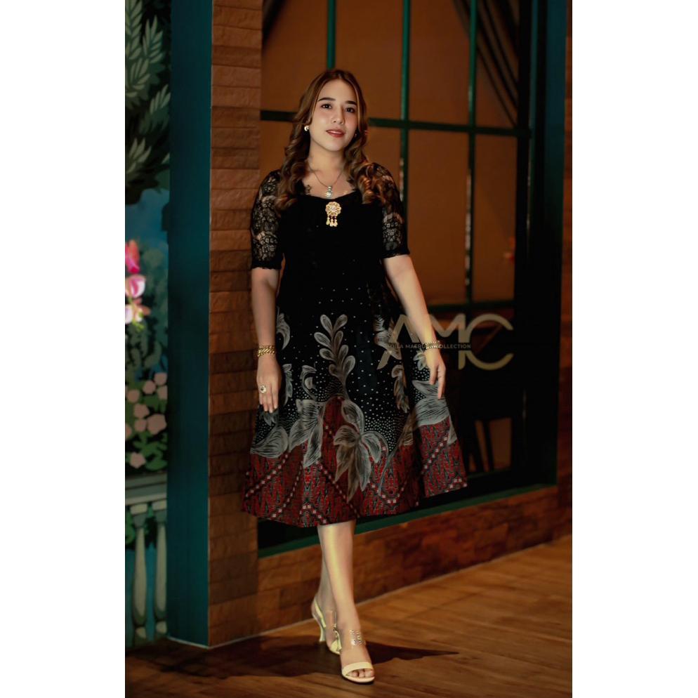 HOT DEALS Theresia - Dres Batik Wanita // Dres Batik Mix Brokat// Dres Batik Pesta Wanita By AMC // 