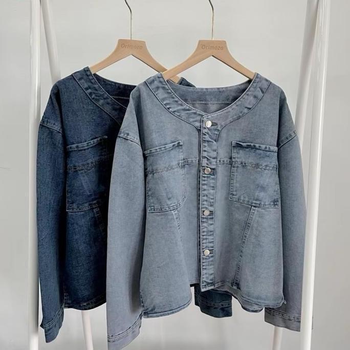 TERPOPULER Megumi Jaket Jeans Tebal Kancing Oversize Panjang Wanita Outer Cardigan Denim Winkle Jake