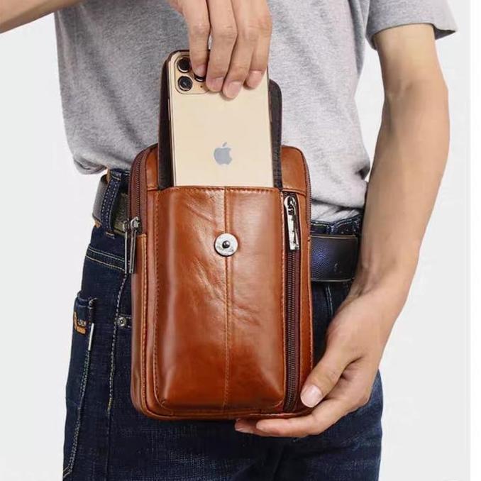 New Tas Selempang Kulit Sapi Asli Tas Pinggang Tas Hp Kulit Pria Import