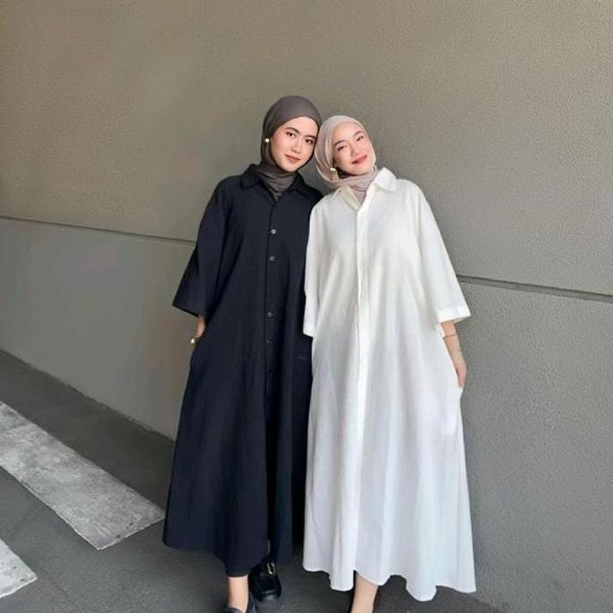 KEKINIAN Nasha Long Tunik Outer Atasan Wanita Polos Casual Kerah Kemeja Full Kancing Aktif Lengan 3/