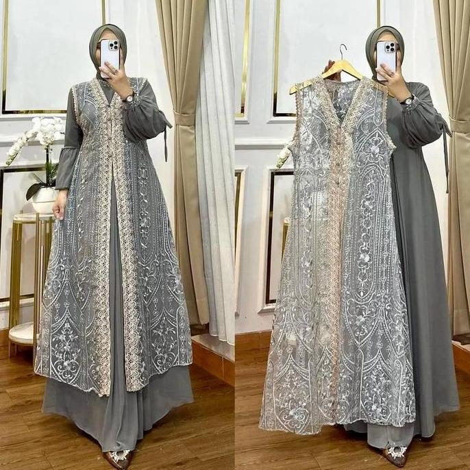 OOTD Naura Dress Gamis Mocca Ceruty Babydoll Mix Brukat Plus Renda Ukuran M L XL XXL Resleting Belak