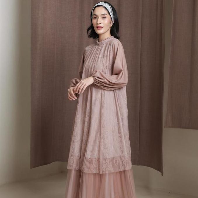 BEST SELLER  HijabChic Syahira Mauve Dress - Dress Lebaran Brukat Kombinasi Tulle Elegan Lembut Best