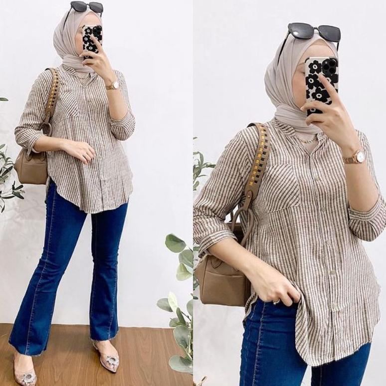 Promo Atasan Wanita Salur Bahan Rayon Premium/Blouse Wanita Terbaru/Kemeja Rayon Premium / Kemeja Ra