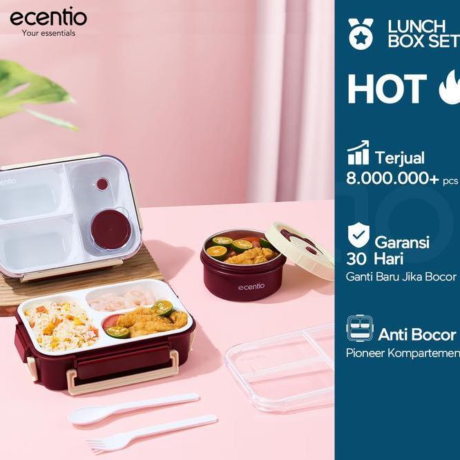 Ecentio Set Kotak Makan Bento Mangkuk Stainless 304 Lunch Box 3 Sekat Kotak Bulat Anti Bocor Tahan P