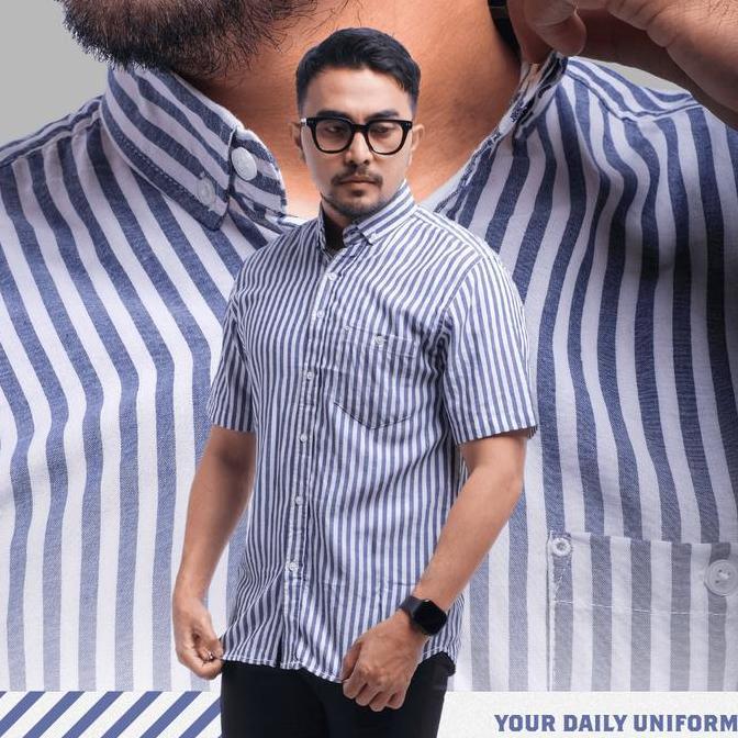 Kemeja Pria Salur Premium Pendek Premium Kemeja Stripe Pria Kemeja Garis Pria Slimfit Garis Navy Dan