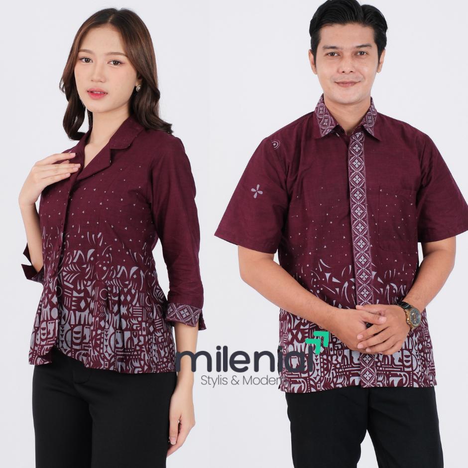 Milenial Batik Couple Atasan Batik Wanita Batik Pria Kemeja Blouse Kol Ungu