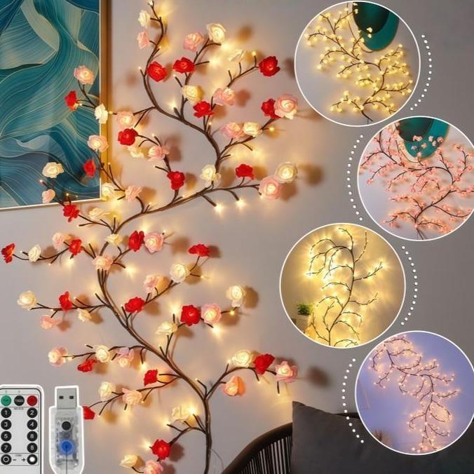 AQZEVUN Lampu LED Model Mawar Pohon Ranting Dekorasi Dinding DIY Lampu Pohon Bunga Persik Lampu Kama