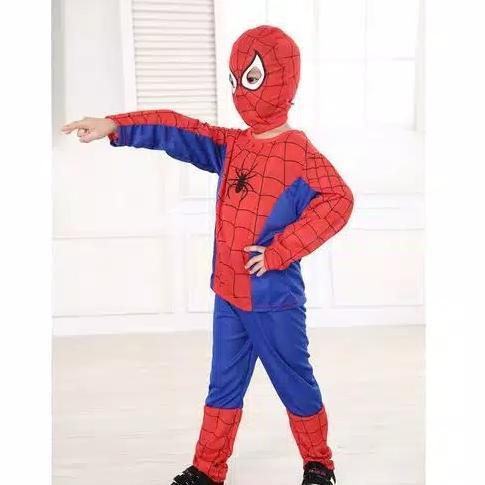Kostum Baju Anak Spiderman Free Topeng Kain / Setelan Baju Anak Spiderman Dapat Topeng
