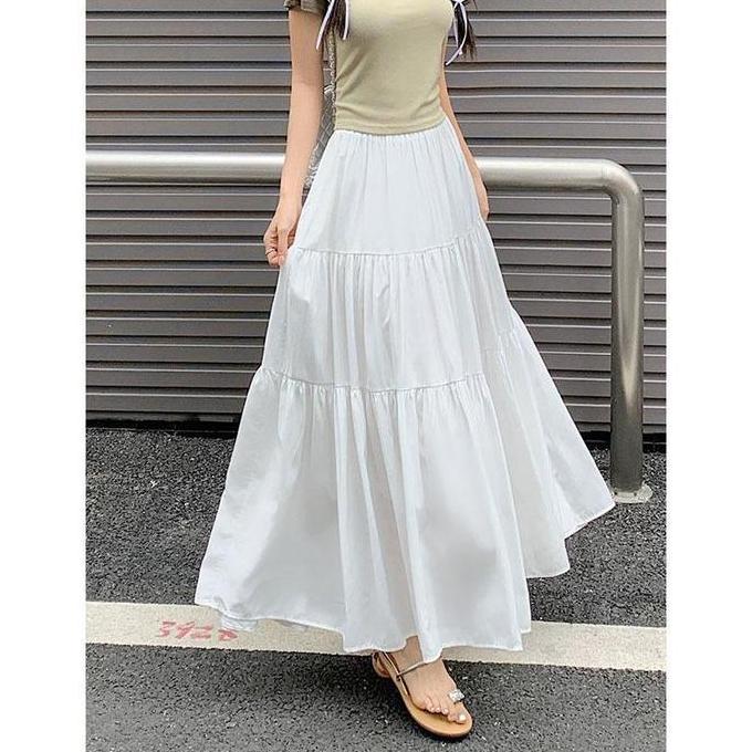 OOTD Bellastyle#Rok Peri Putih Perancis untuk Wanita Musim Panas Terlipat Rok Panjang A-Line Dengan 