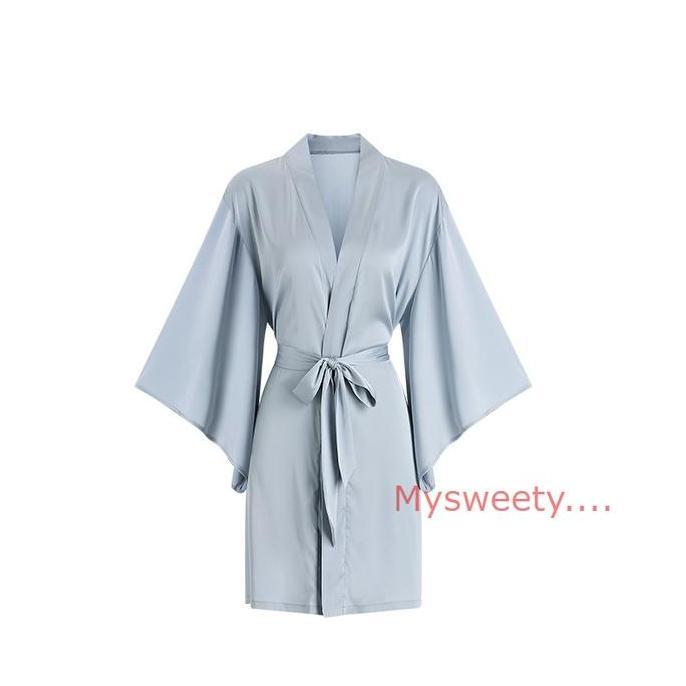 Satin  Kimono +Belt  Baju Tidur Sexy Lingerie Wanita <Kkmn0>
