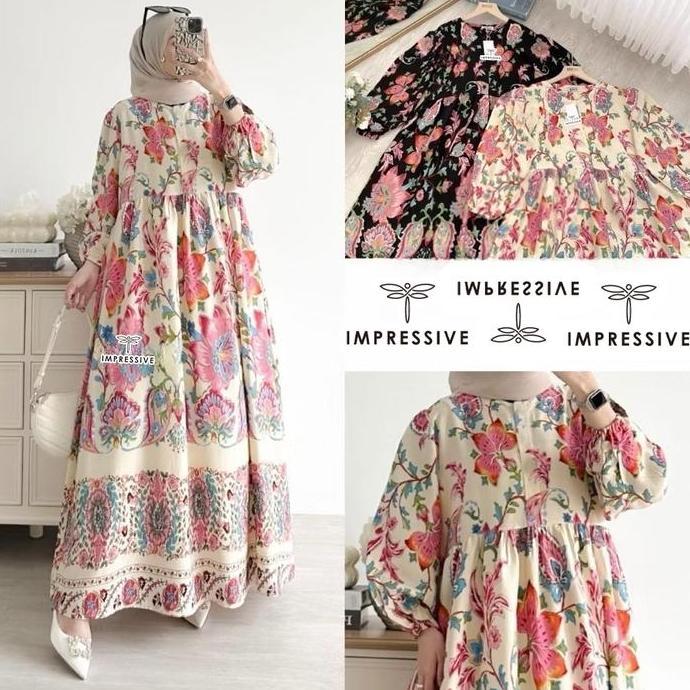 TERKINI GAMIS FLORA MIDI DRESS WANITA MUSLIM DEWASA KATUN RAYON MOTIF BUNGA PANJANG BUSUI WUDHU FRIE