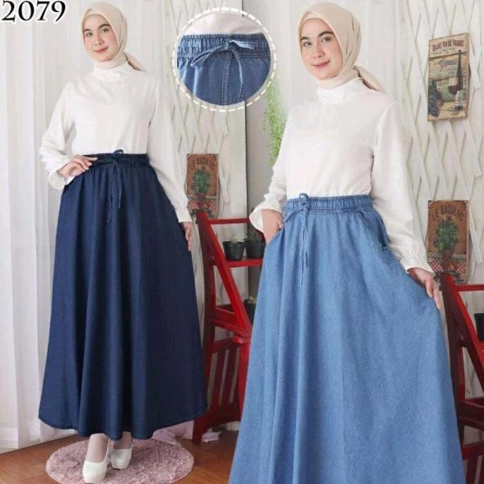 HEMAT LUAR BIASA Rok Jeans Wanita Jumbo Pinggang Full karet Tali aktif Panjang HEMAT LUAR BIASA