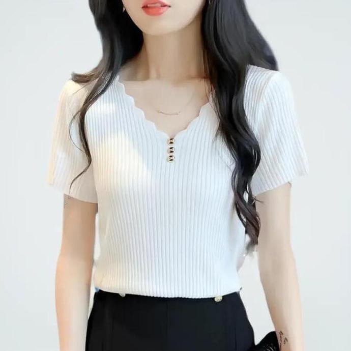 Atasan Rajut Wanita Import (Kancing) Baju Rajut Kaos Lengan Pendek V-Neck Knitwear Cantik KS