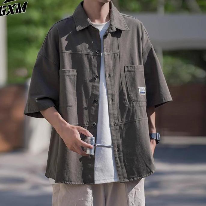DISKON Kemeja pria Lengan Pendek oversize hijau kemeja hitam style Kemeja Polos Lengan Pendek t shir