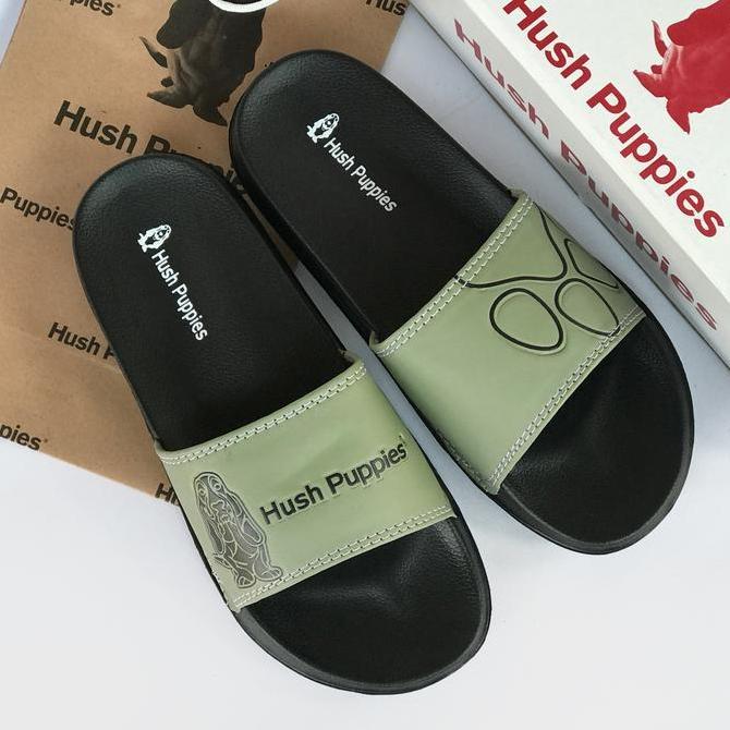 Sandal Hush Puppies Olive Black Big Logo Sandal Slop Pria Terbaru