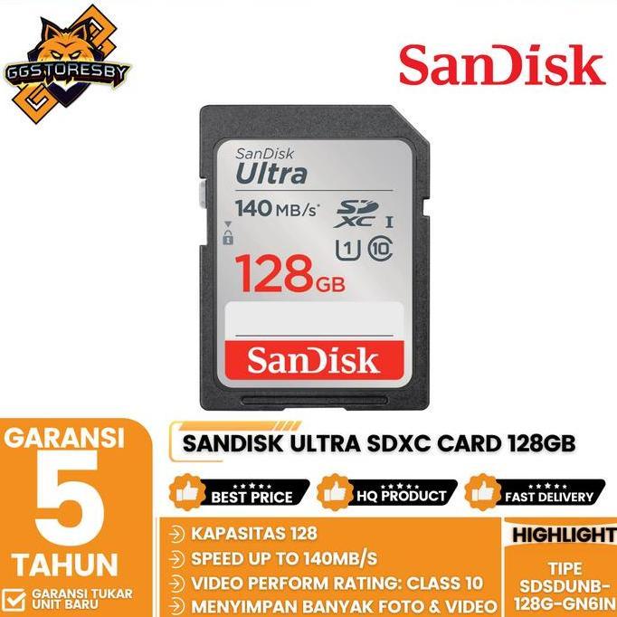 SanDisk Ultra SDXC Card 128GB 140MB/s Class 10 UHS-I - (SDSDUNB-128G-GN6IN)