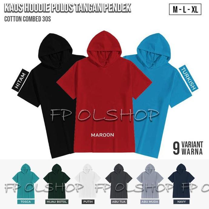 DF392 - KAOS HOODIE POLOS TANGAN PENDEK PRIA WANITA BAHAN COTTON COMBED 30S Distro Hitam