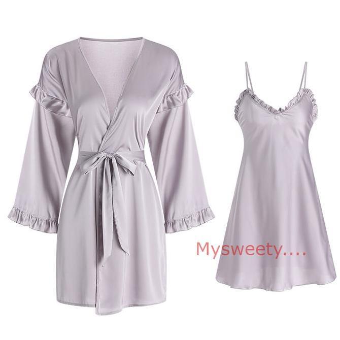 Satu Set Kimono  Satin  Baju Tidur Sexy Lingerie Wanita (Yy48Set)