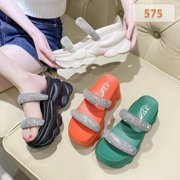 Sandal Selop Wanita Permata Webing Twoline Tinggi Sole 7 cm Hitam Hijau Oren Putih (AP24) [S2]