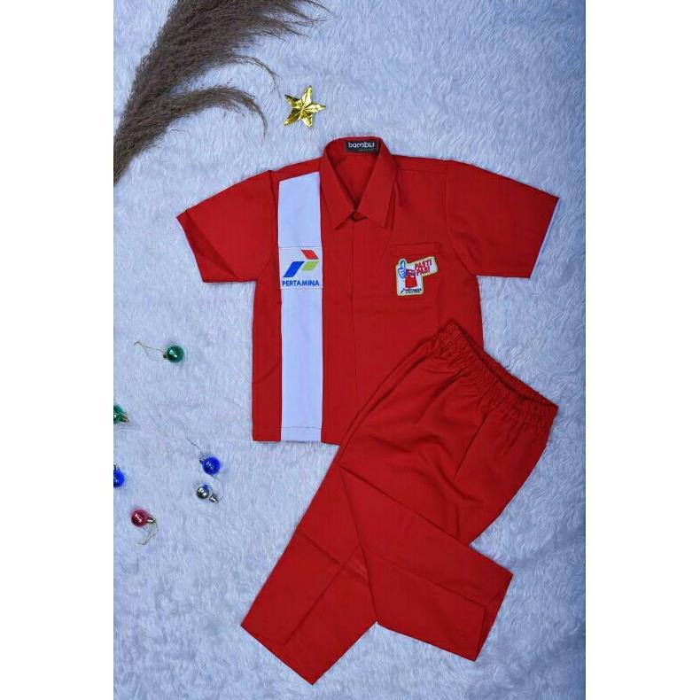 Kostum Baju Pertamina Anak Anak, Setelan Baju Karyawan SPBU untuk Anak Anak