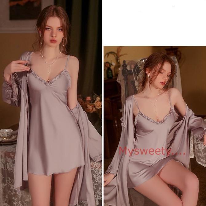 Satu Set Kimono  Satin  Baju Tidur Sexy Lingerie Wanita (Yy48Set)