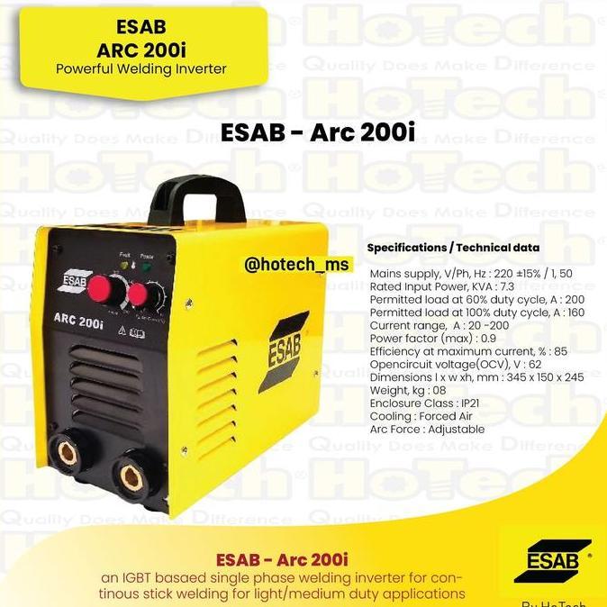 Portable & Heavy Duty Single Phase MMA Inverter Arc 200i | ESAB | Mesin Las Stick MMA Arc 200A | Esa