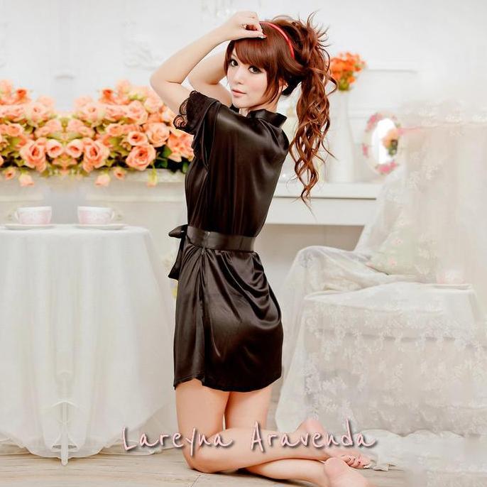 Lareyna Set Lingerie + G String Sexy Model Kimono Polos Bahan Satin Lg017