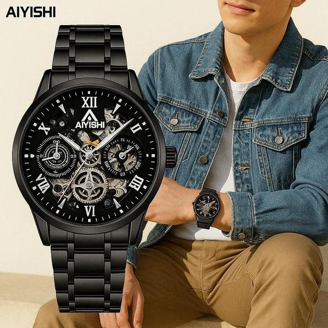Boshi- Aiyishi Jam Tangan Kuarsa Pria Tahan Air Desain Elegan Bercahaya Malam, Jam Tangan Mekanik/ (