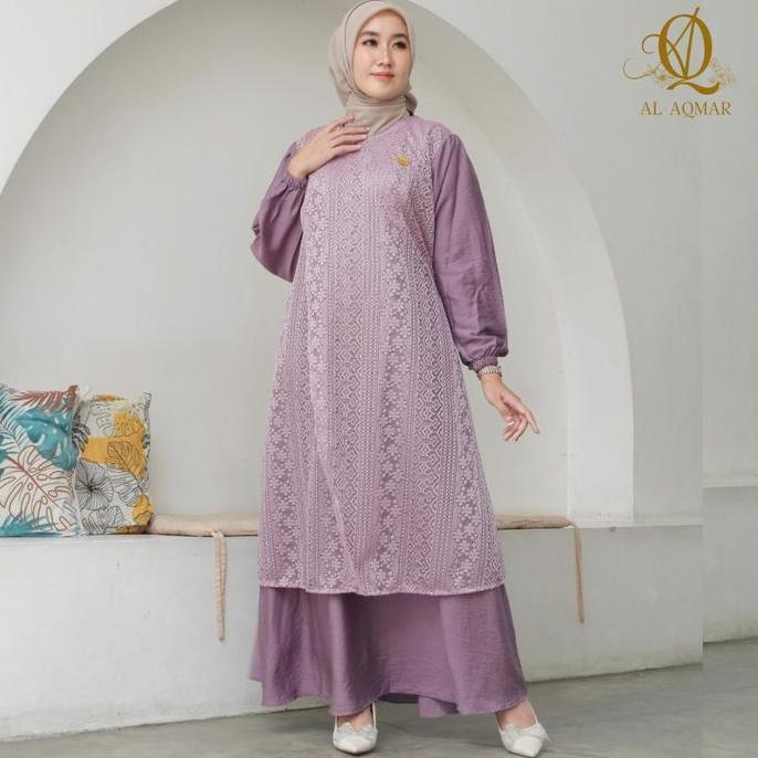 Shukyo- Dress Mix Brukat Tali Pinggang Busui Saku Kanan Kain Polo Linen Gamis Muslim Kombinasi Nyama