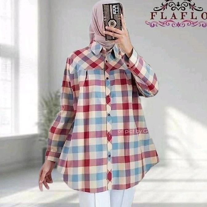 Flaflo Blus Kemeja Wanita Tunik Oversize Motif Kotak-Kotak Warna Pastel Nyaman Untuk Sehari-Hari Ter