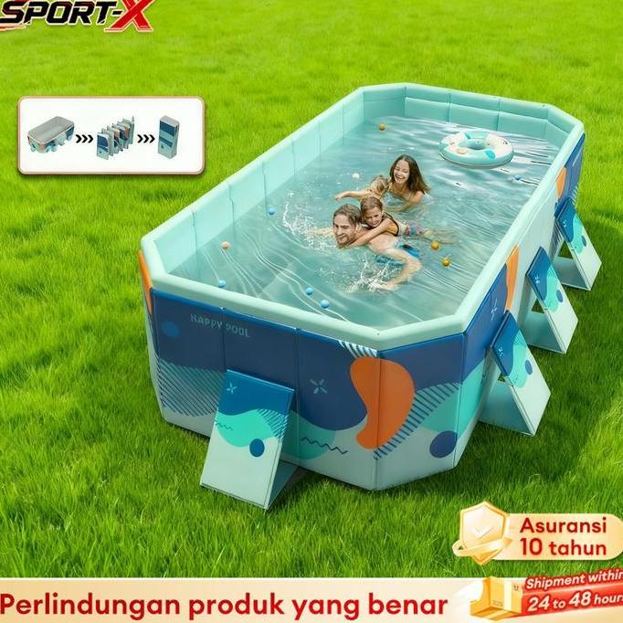 AMDOXTE SportX Kolam Lipat Jumbo Portabel 3 Meter, Kolam Renang Bayi 10 Orang, Tidak Perlu Tiup, 4 L