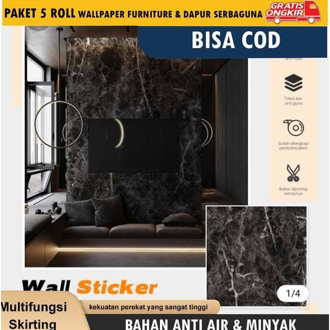 NEW Paket 5 Roll Wallpaper Dapur Furniture Meja Lemari Motif Marmer Hitam 45cm x 4m PVC Grade A Anti