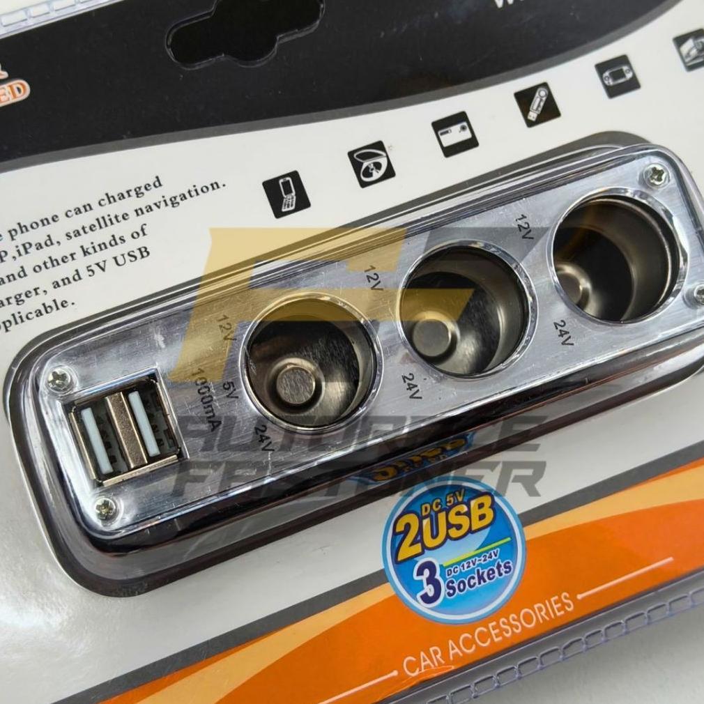 cuci gudang charger mobil colokan usb 3 soket lighter socket splitter cigarette lighter 3 lubang + 2