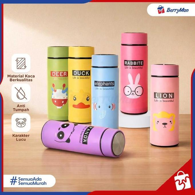 AKZYN Botol Minum Kaca Warna - Termos Kaca Unik MOTIF ANIMAL 380ml