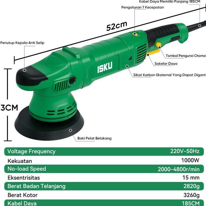 ISKU Mesin Poles Mobil Motor Dual Action DA Polisher 1000W 15mm 6 Inch Alat Poles Body Kaca Car Deta