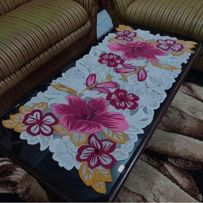 TAPLAK MEJA RUANG TAMU / TAPLAK MEJA TAMU MINIMALIS / TAPLAK MOTIF  BUNGA BESAR Taplak Meja Rajut
