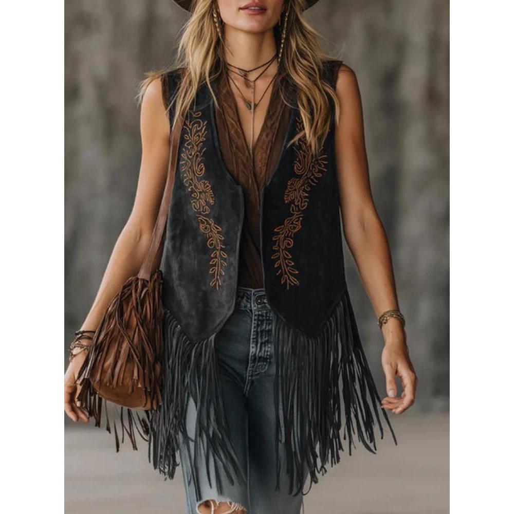2026 Spring Summer New Women's Black Faux Suede Vest Embroidered Fringe Sleeveless Jacket Retro Boho