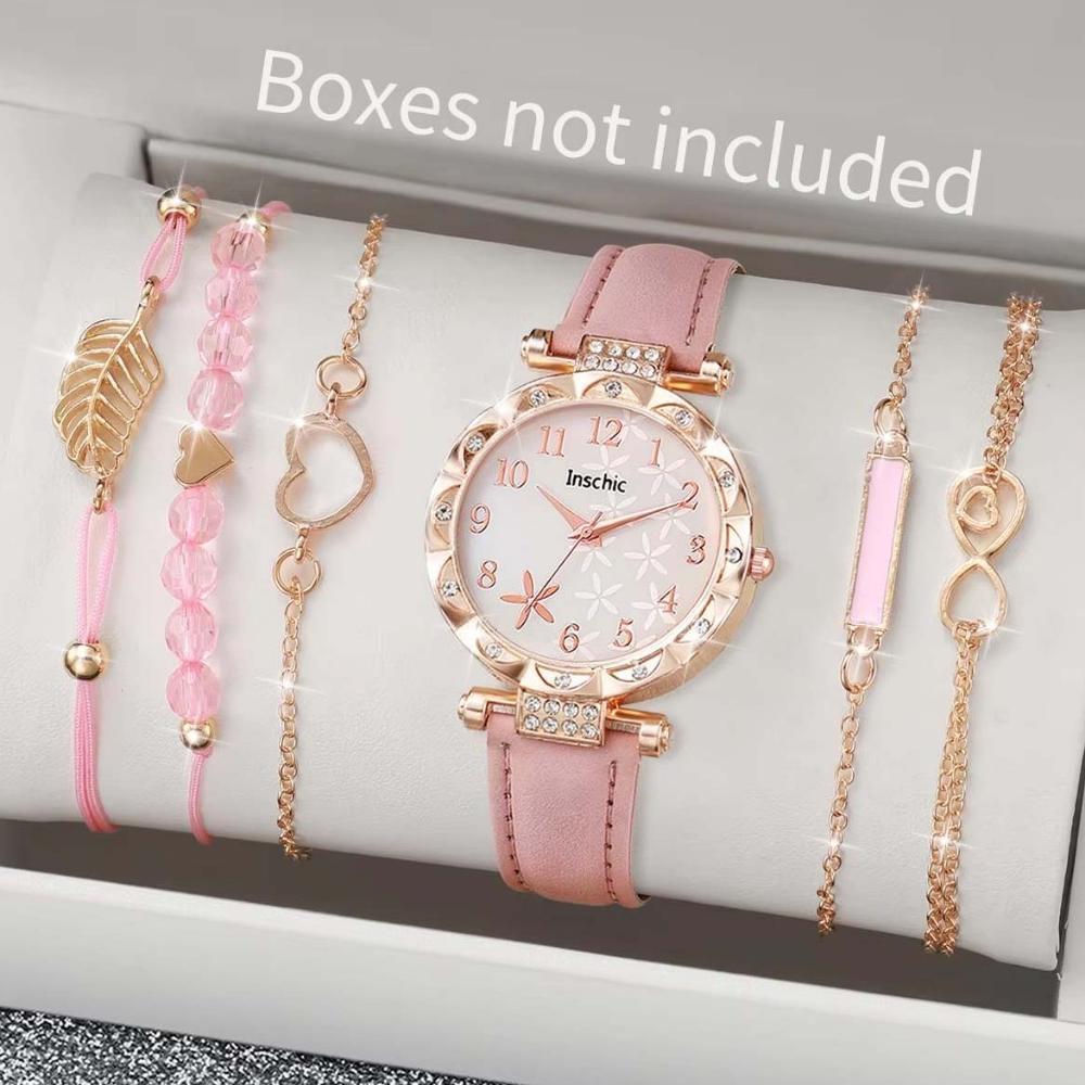 NEW DEALS 5PCSINS Jam Tangan Kuarsa Wanita Wanita Bunga Kuarsa Jam Tangan Arab Digital Dial Gelang S