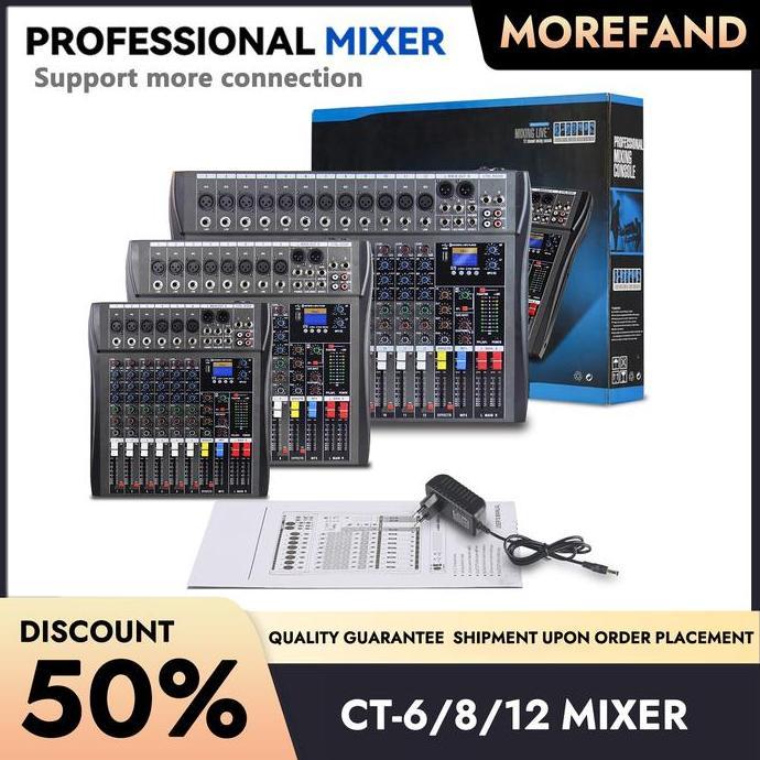 Mixer Saluran MOREFAND CT-6/8/12 channel , Equalizer 3-Band, Bluetooth, USB, MP3, Pc Pemantauan Reka