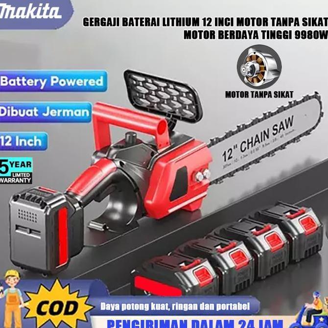 HILYAWN MAKITA Chainsaw mini 12 Inch Chainsaw Chain Saw Cordless 2 baterai  Cordless Chainsaw 998V G